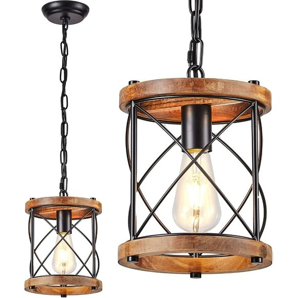VIANIS Other - Farmhouse Pendant Light (ONE) Wood & Vintage Metal Cage, Rustic Antique NEW